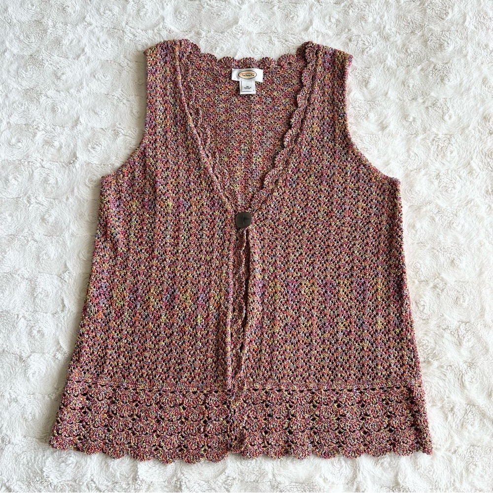 Vintage Talbots Crochet Sweater Vest Womens Medium Pink Grandmacore Boho Hippie